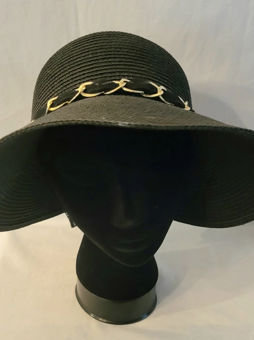 Black Wide Brim Paper Sun Hat Gold Chain Ribbon Bow